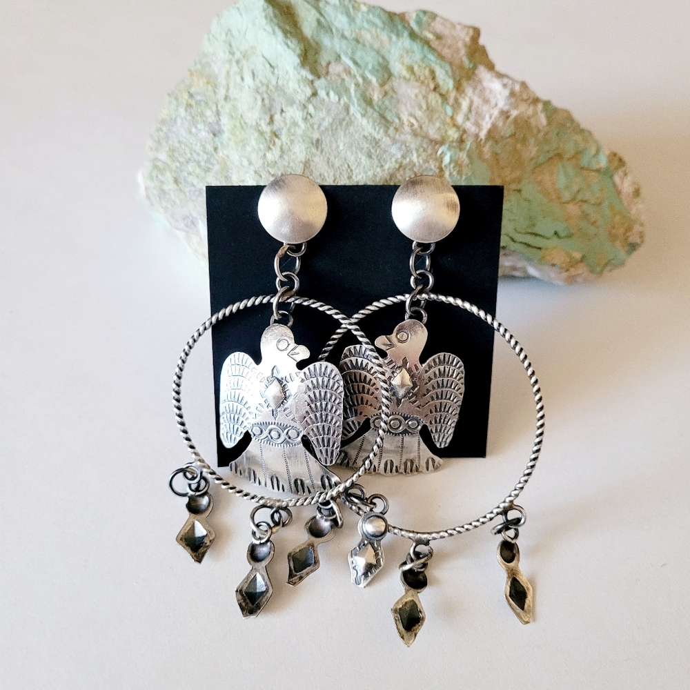 Thunderbird Statement Earrings Oxidized Sterling Silver Native American Handmade